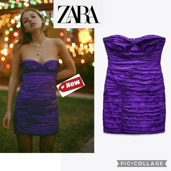 Zara purple metallic draped strapless sweetheart minidress NWT - Picture 5 of 16